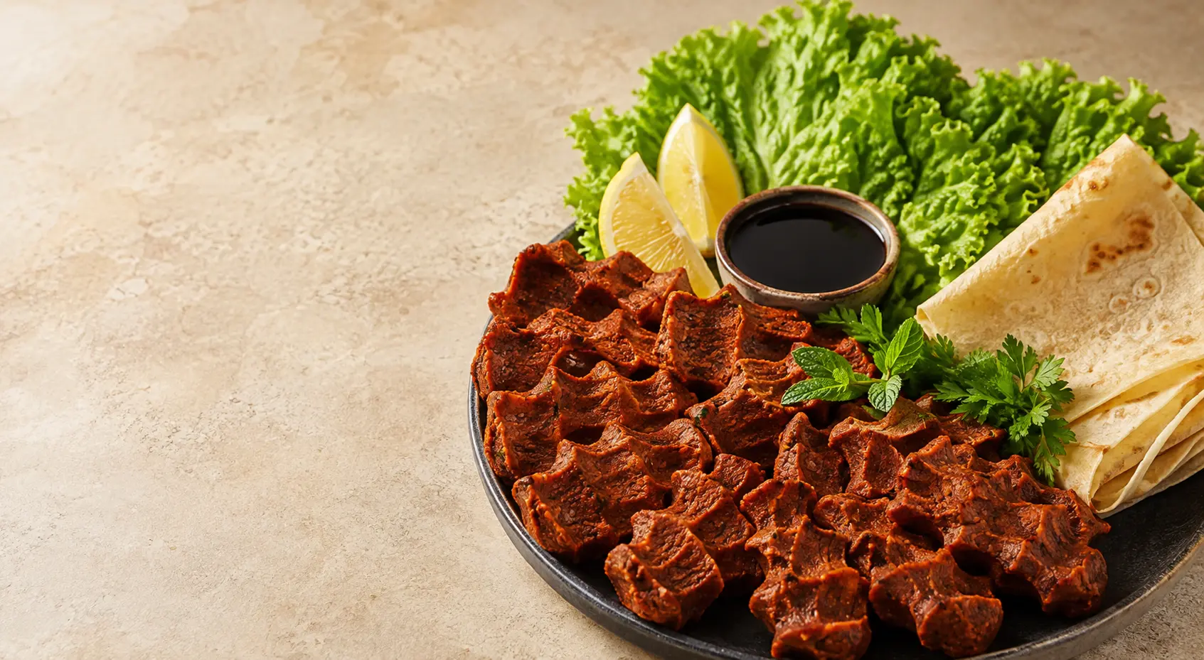 Taze yeşillikler ve limonla servis edilen çiğköfte