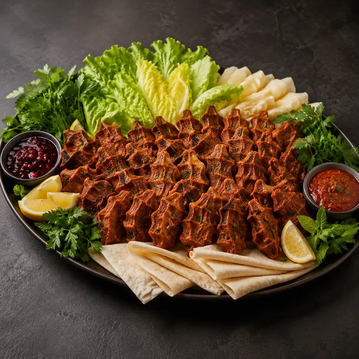 Marul, limon ve lavaşla sunulan çiğköfte porsiyonu